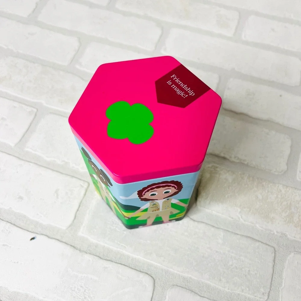Girl Scouts Friendship is Magic Hexagon Storage Tin Pink Green Trefoil 5.25